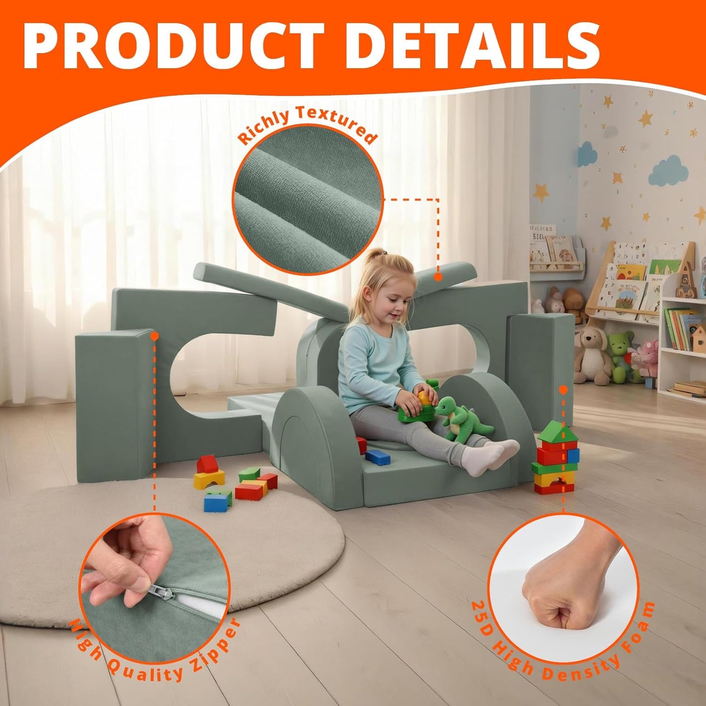 Image displaying a soft modular play furniture and text about it's details