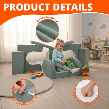 Image displaying a soft modular play furniture and text about it's details