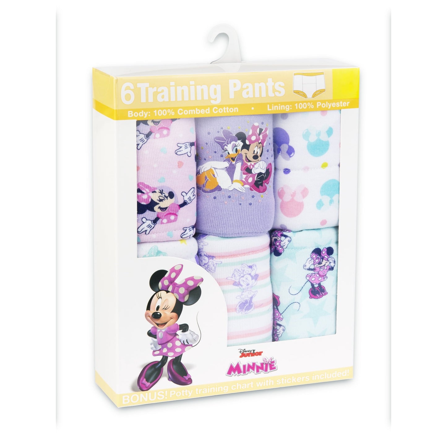 A box containing six pairs of children's training pants with cartoon character designs