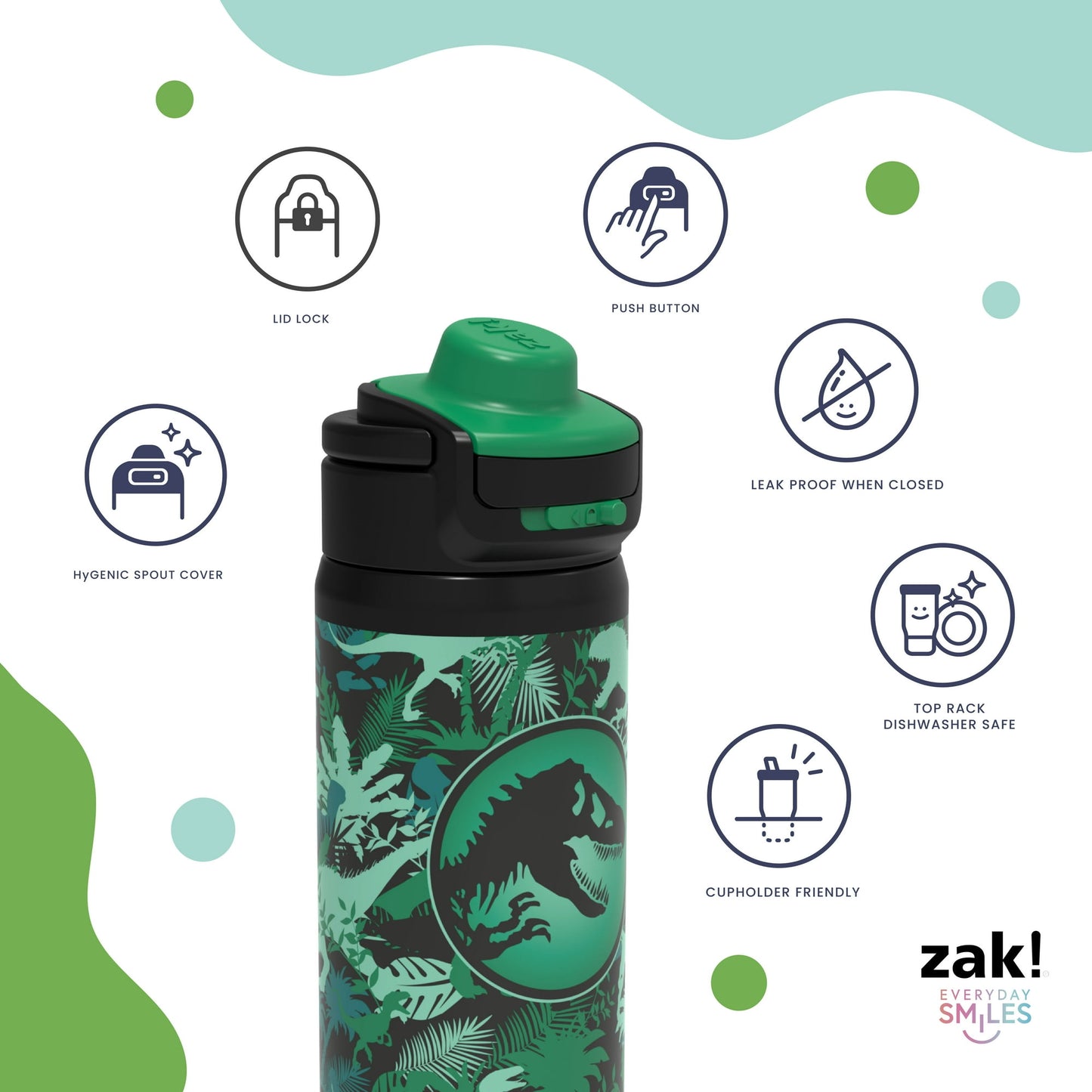 Zak Designs Kids Straw Water Bottle, Stainless Steel Vacuum Insulated Lincoln Bottle with Easy-Open Locking Spout Cover for Travel, Built in Carry Handle