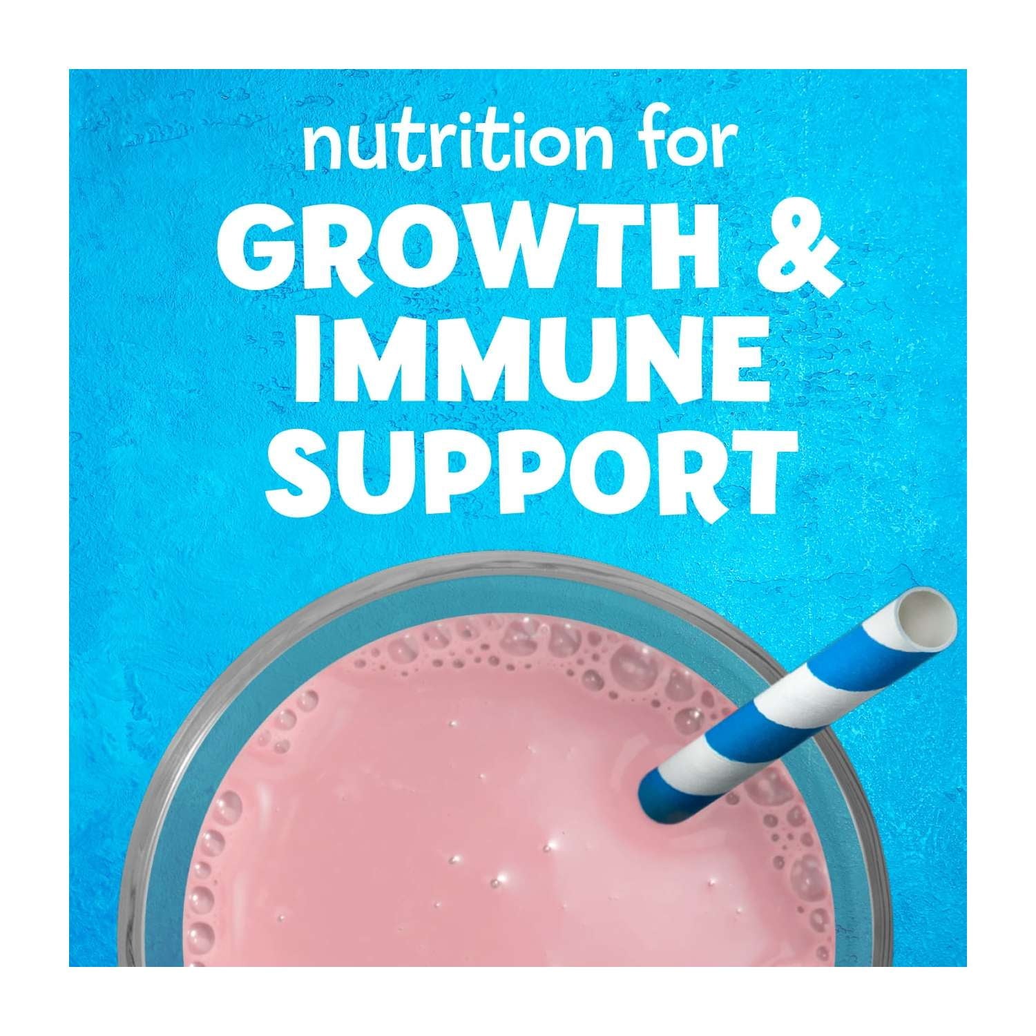 A glass of strawberry flavoured shake with a striped straw against a blue background with text