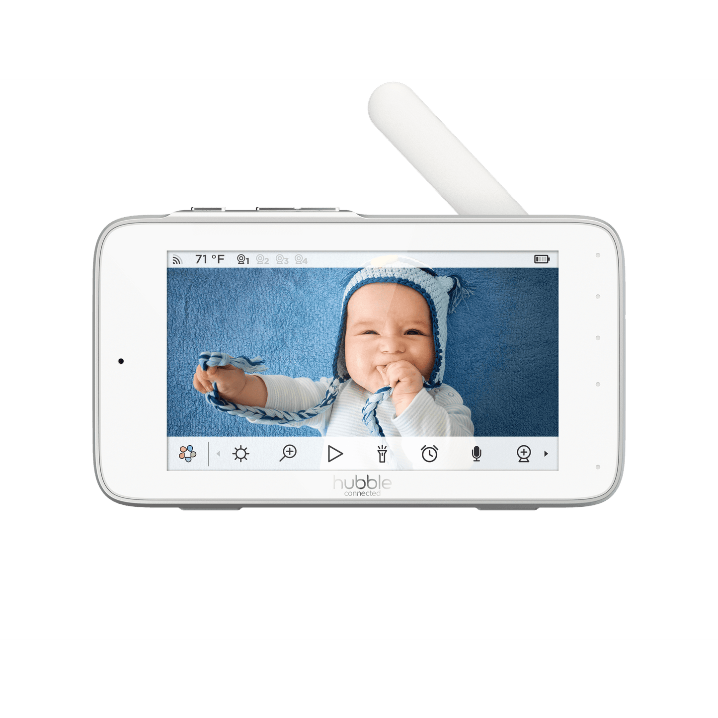 A white baby monitor displaying a baby on screen, with control icons below the display