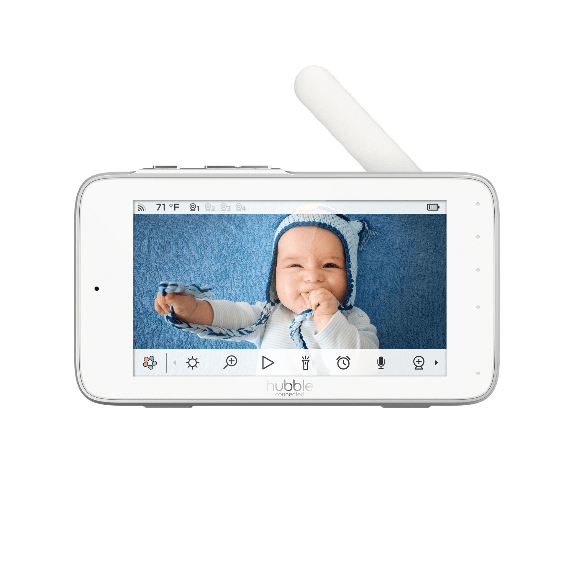 A white baby monitor displaying a baby on screen, with control icons below the display