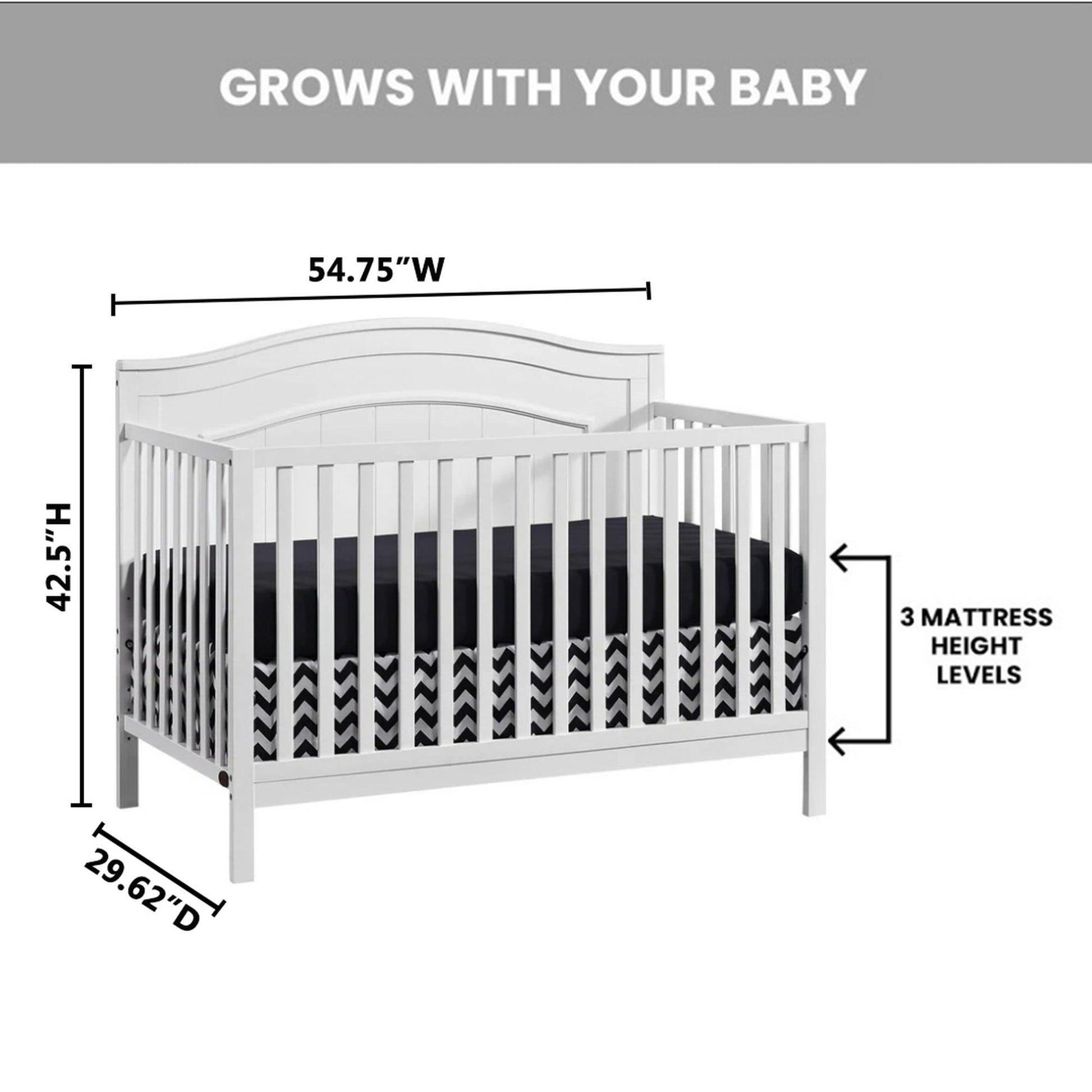 A white baby crib with its dimensions and three mattress height levels displayed