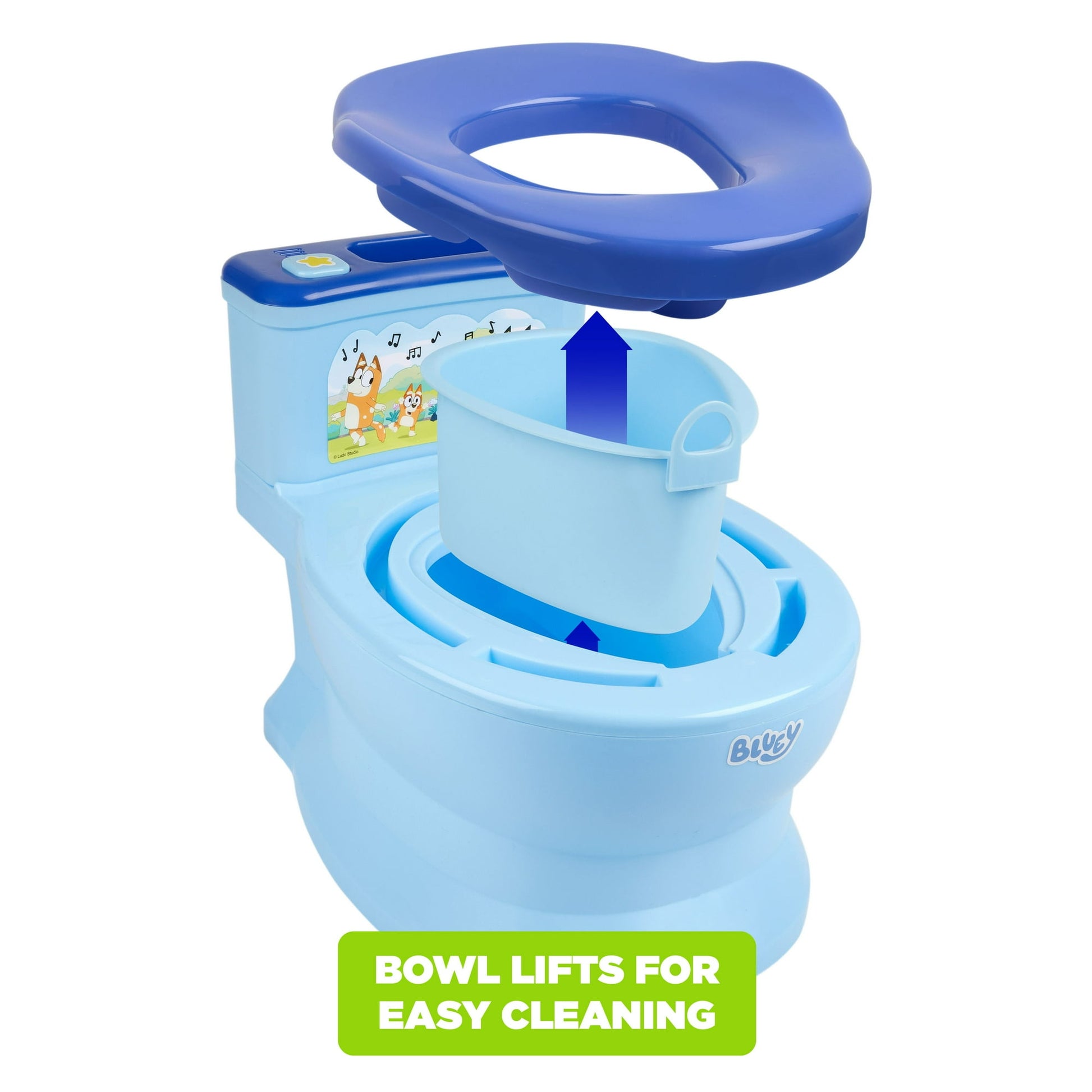A blue toddler potty trainer with a removable bowl shown lifting for cleaning, with a white background
