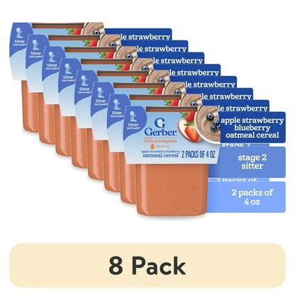 Gerber Stage 2 Baby Food, Apple Strawberry Blueberry Oatmeal Cereal Tub, Baby Cereal, 2PK 8 oz (8 pack)