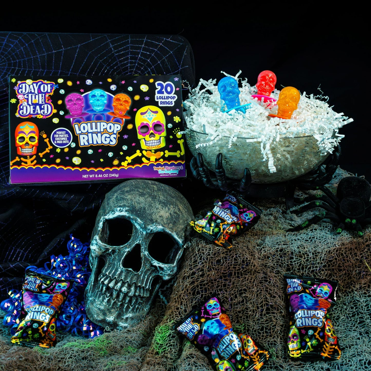 Flix Candy Halloween, Day of The Dead Lollipop Rings, Assorted Flavors, 20 Count Box