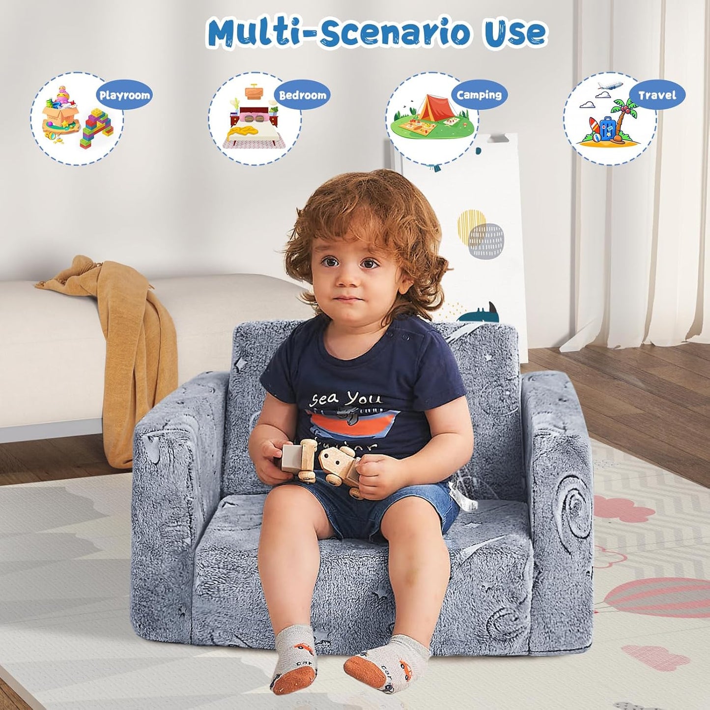 Image displaying a kid playing with a soft modular play furniture and text about it's details