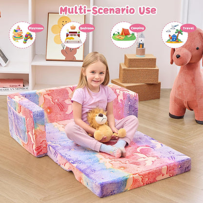 Image displaying a kid playing with a soft modular play furniture and text about it's details