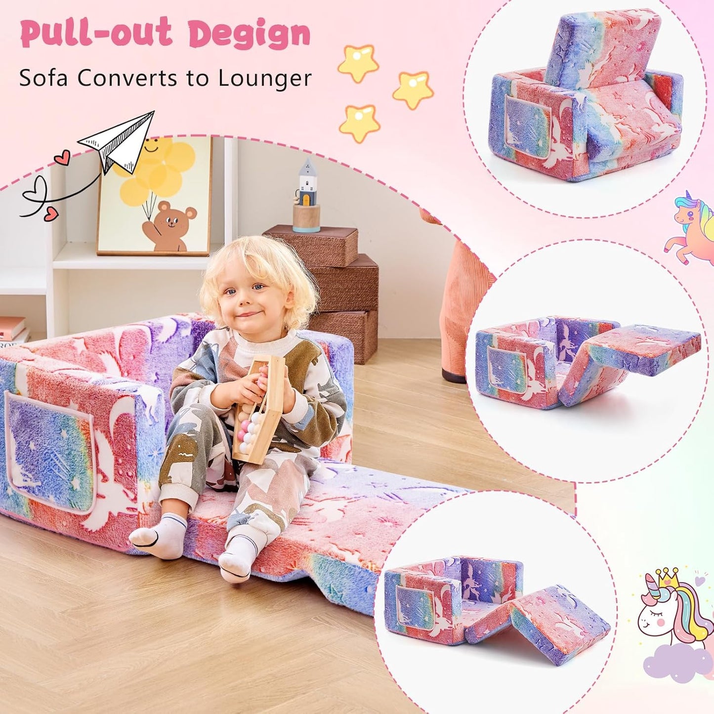 Image displaying a kid playing with a soft modular play furniture and text about it's details
