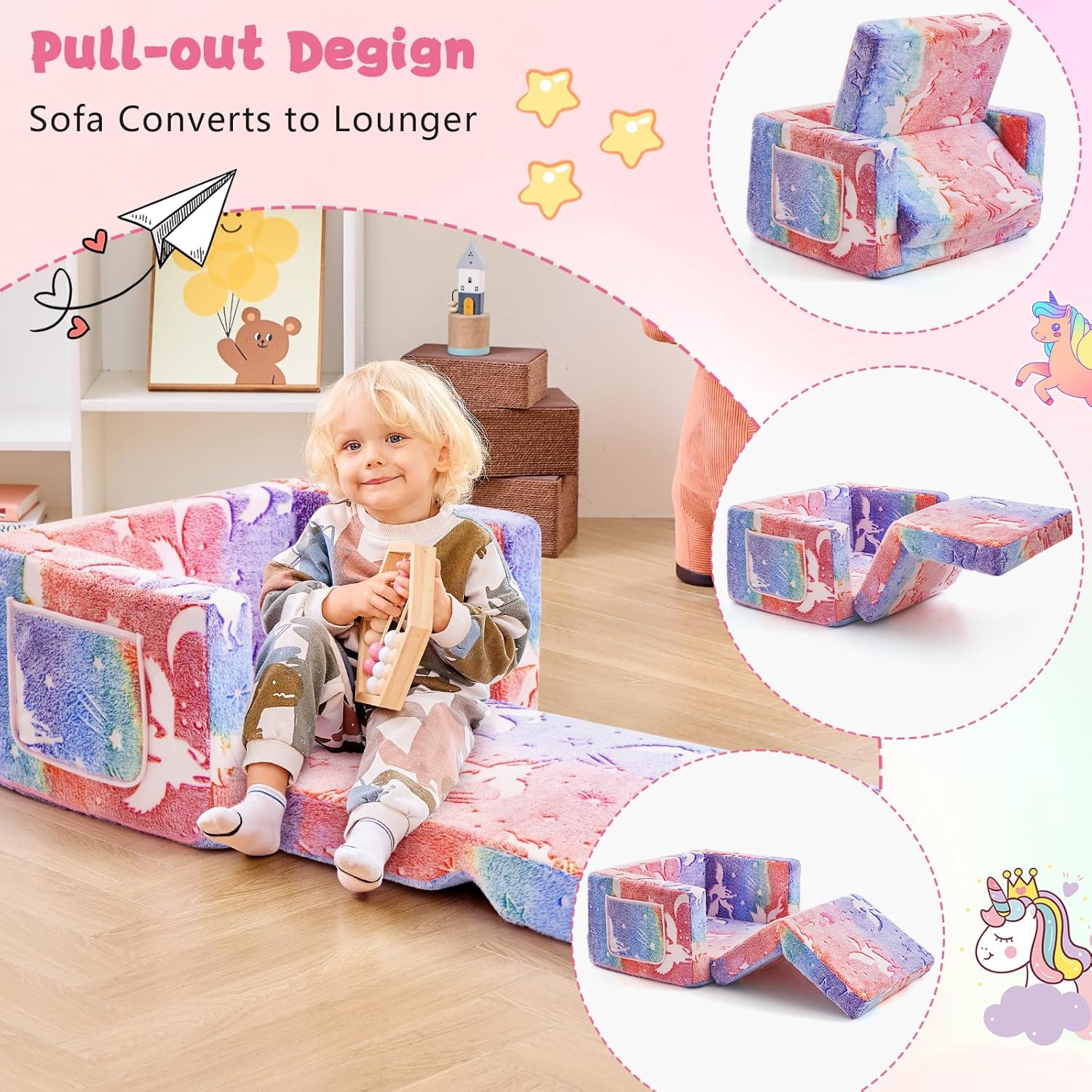 Image displaying a kid playing with a soft modular play furniture and text about it's details