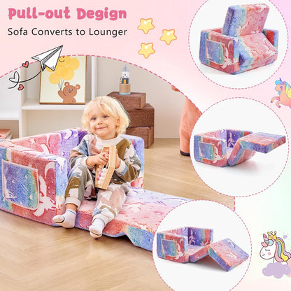 Image displaying a kid playing with a soft modular play furniture and text about it's details