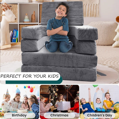 Image displaying a kid playing with a soft modular play furniture and text about it's details