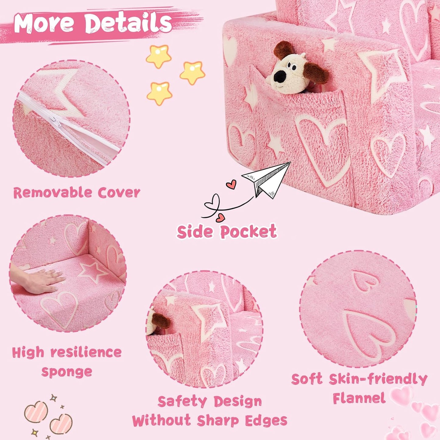 Image displaying a soft modular play furniture and text about it's details