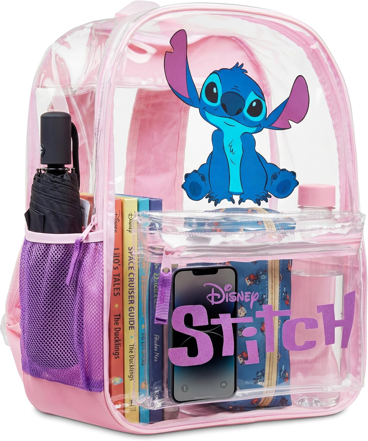 Transparent backpack featuring a fun character-inspired design with a stylish and playful look.