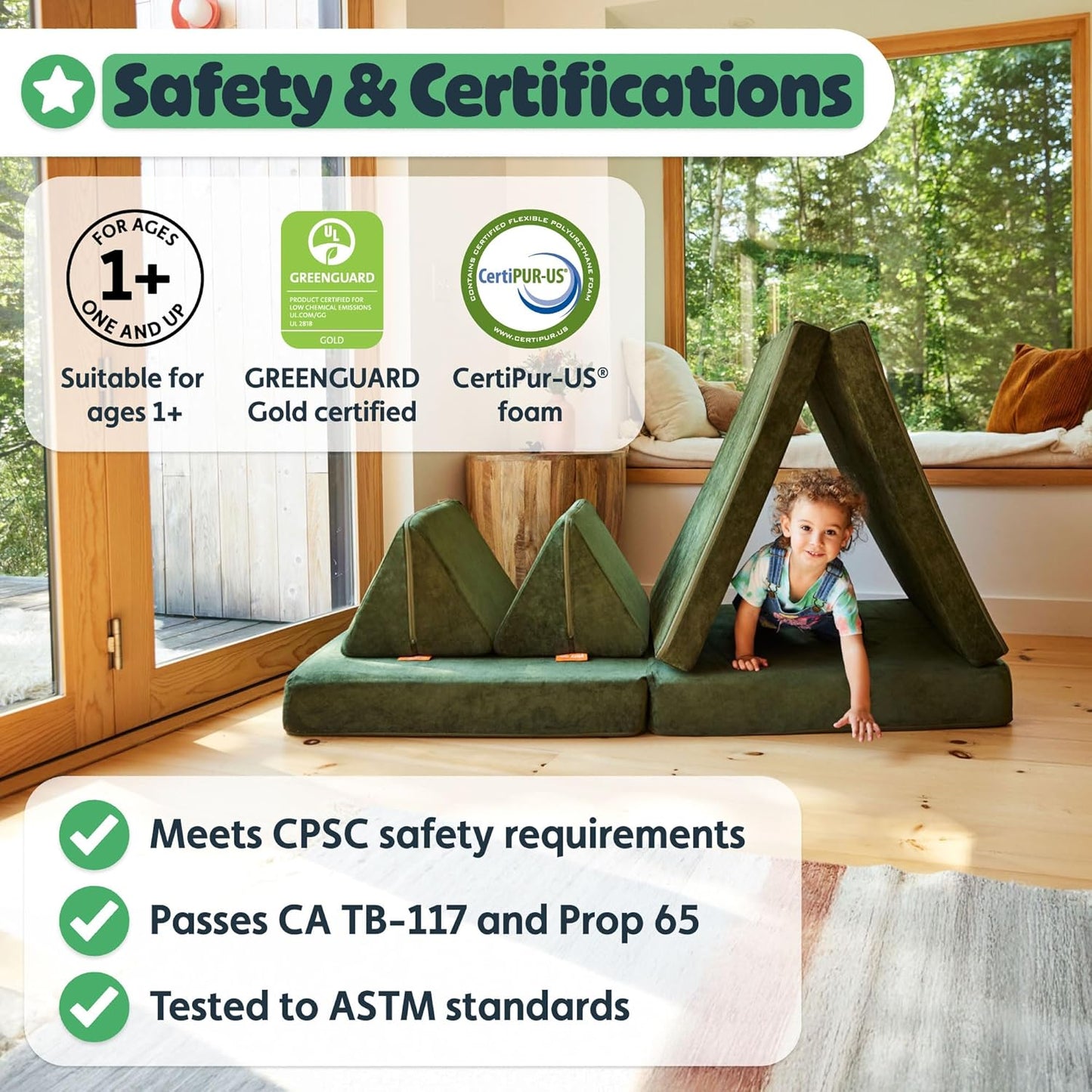 Image displaying a soft modular play furniture and text about it's details