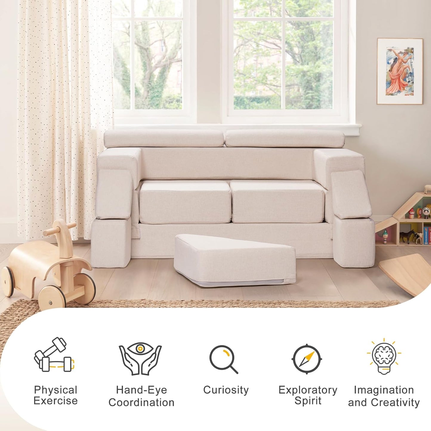 Image displaying a soft modular play furniture and text about it's details