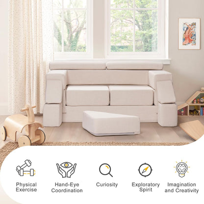 Image displaying a soft modular play furniture and text about it's details