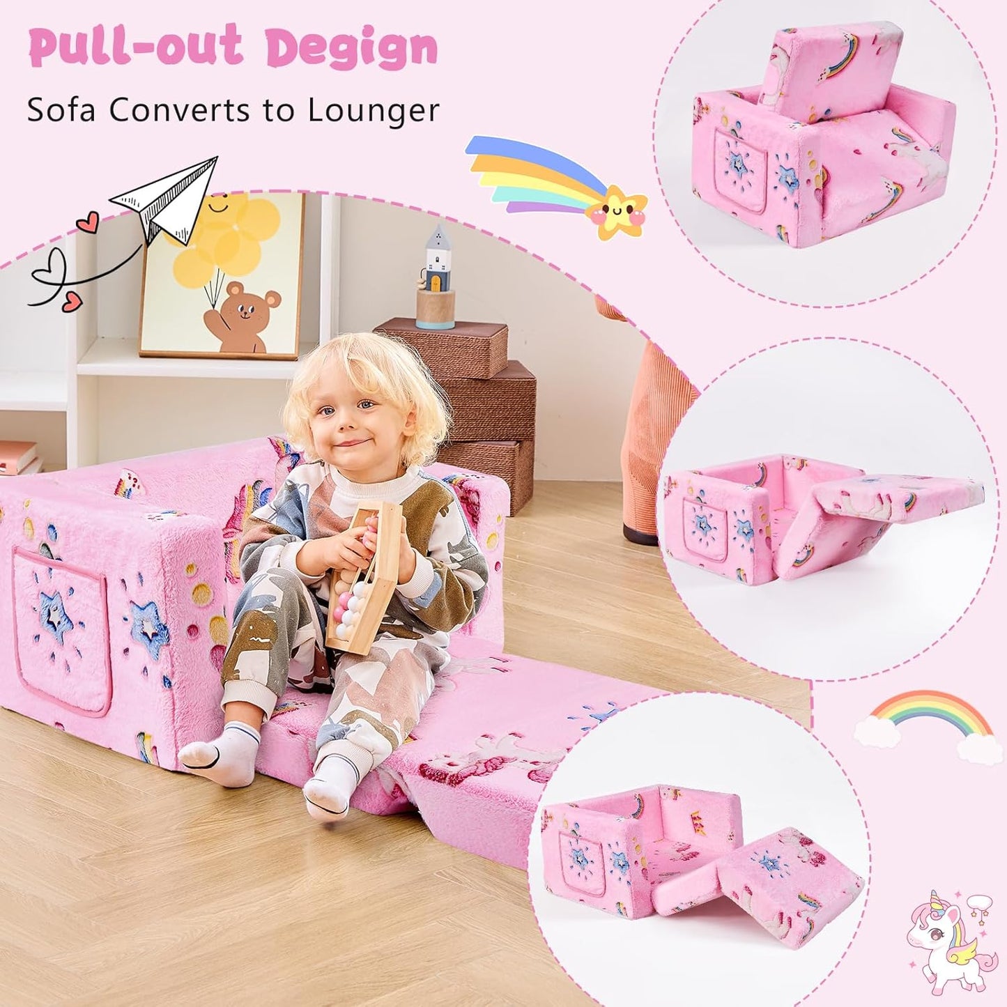 Image displaying a kid playing with a soft modular play furniture and text about it's details