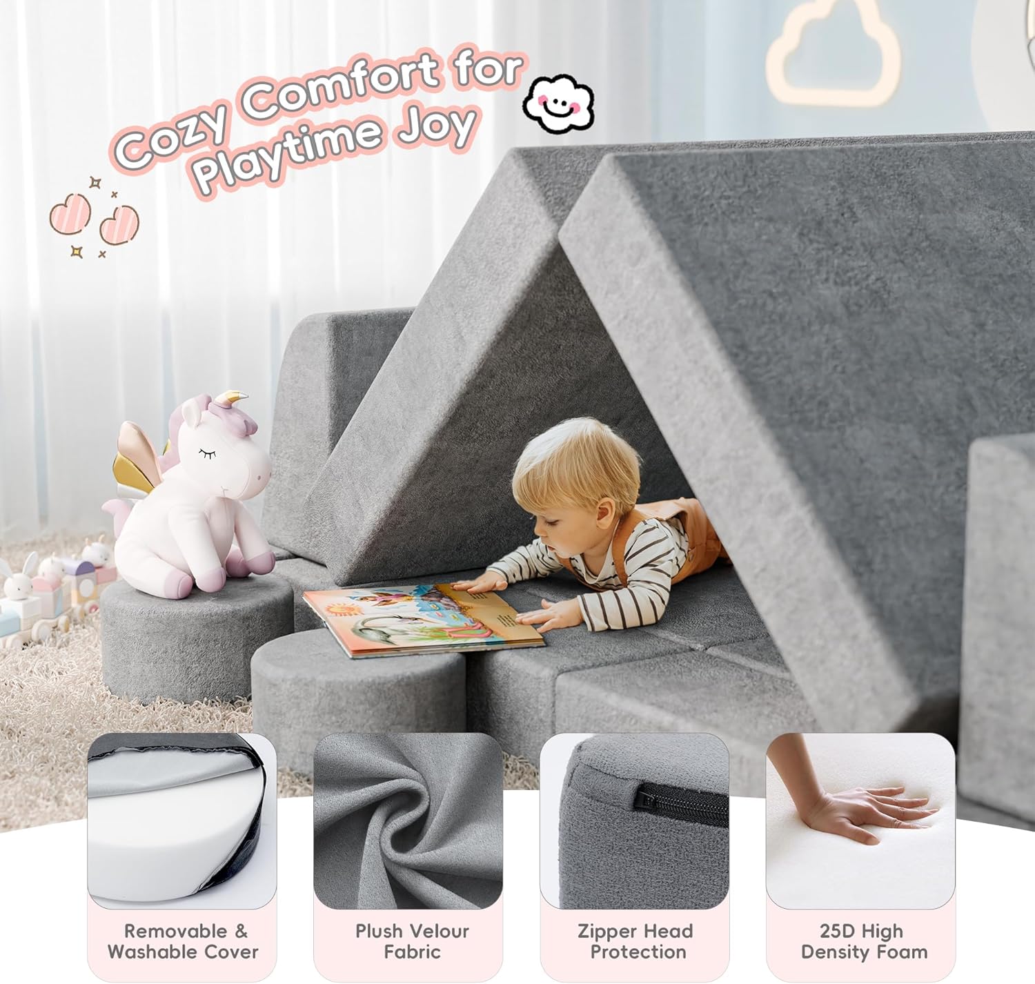 Image displaying a kid playing with a soft modular play furniture and text about it's details