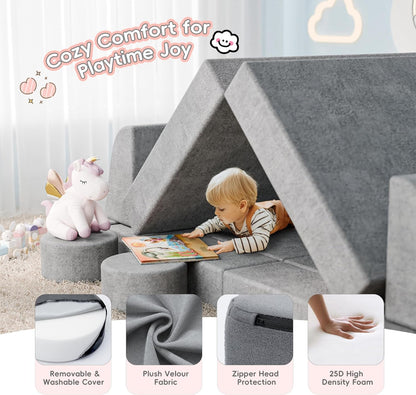 Image displaying a kid playing with a soft modular play furniture and text about it's details