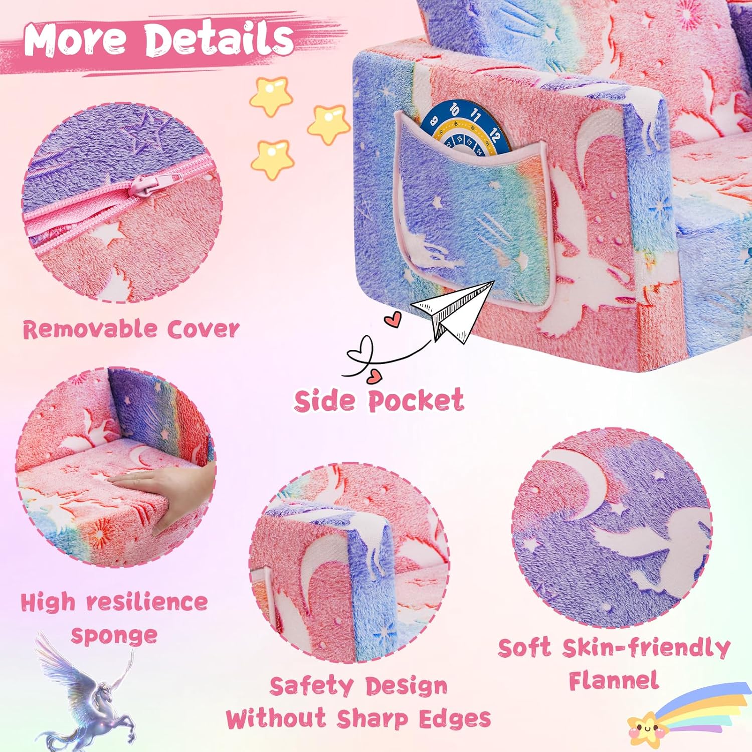 Image displaying a soft modular play furniture and text about it's details