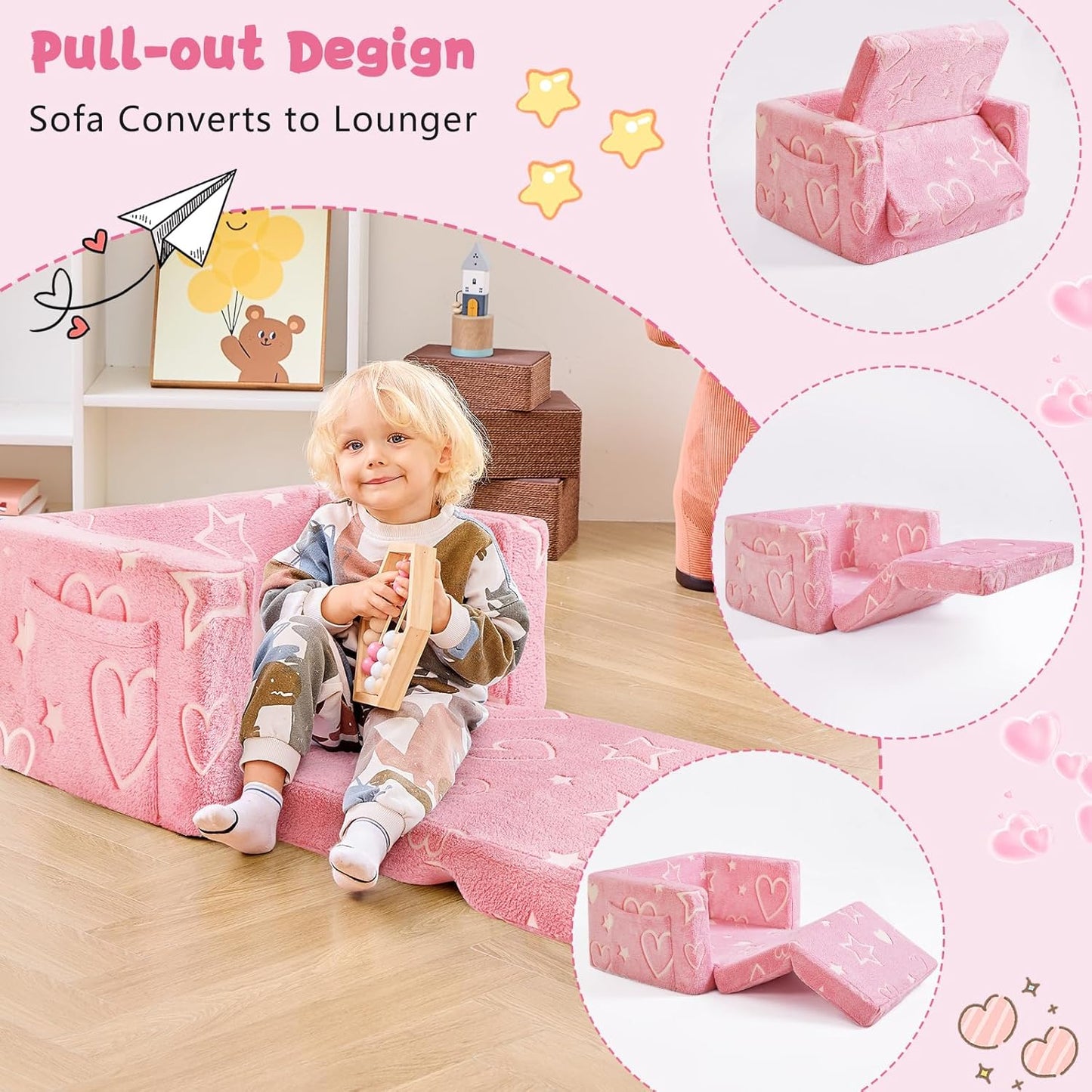 Image displaying a kid playing with a soft modular play furniture and text about it's details