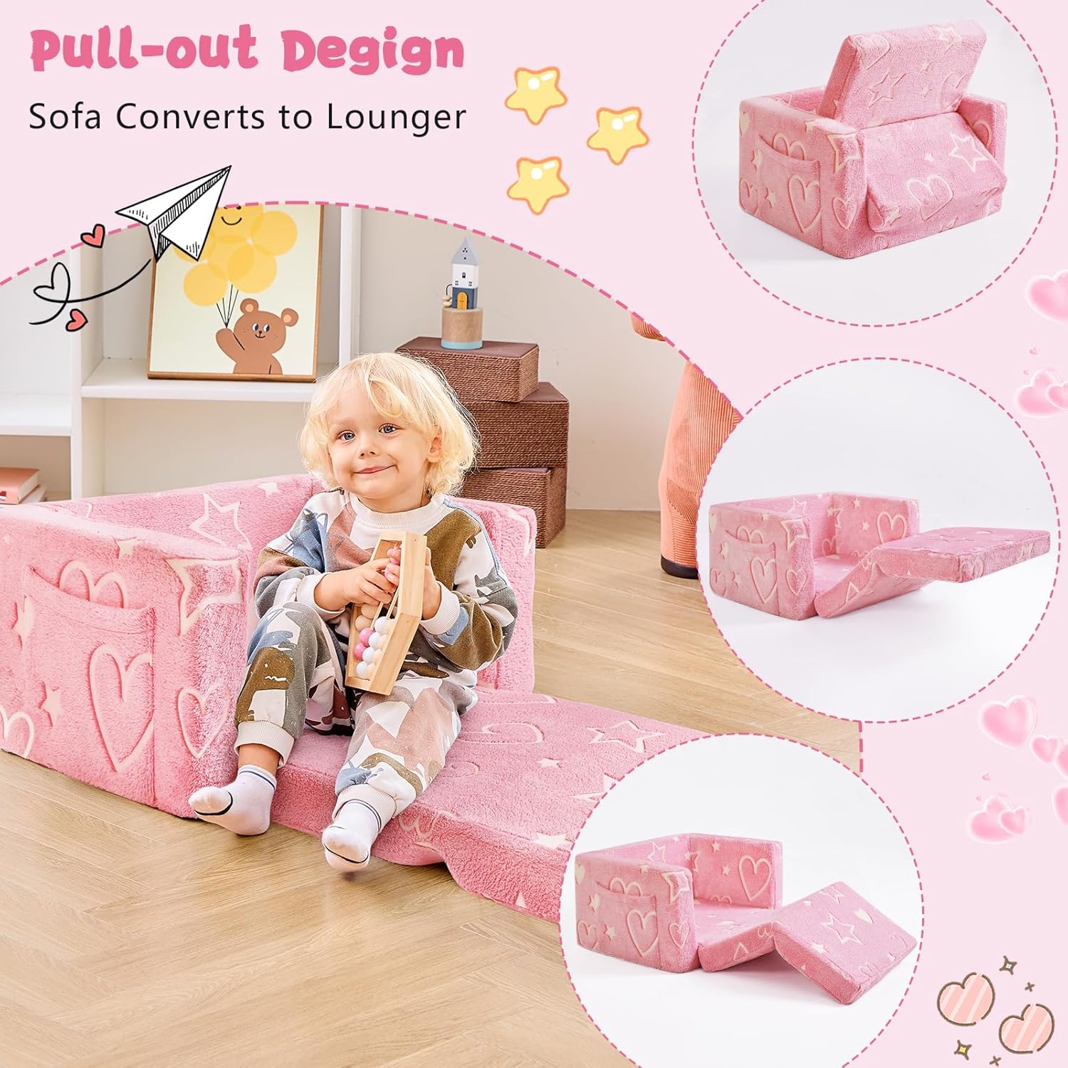 Image displaying a kid playing with a soft modular play furniture and text about it's details