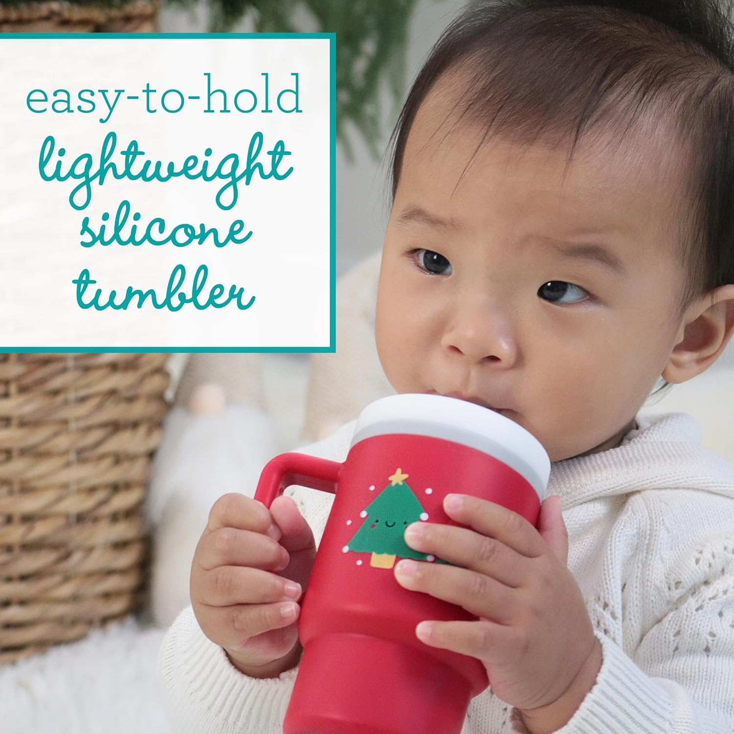 Image displaying a baby with a tumbler and it's details