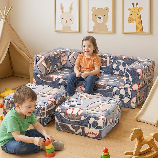 Soft modular play furniture for children, ideal for imaginative play, relaxing, and flexible indoor activities