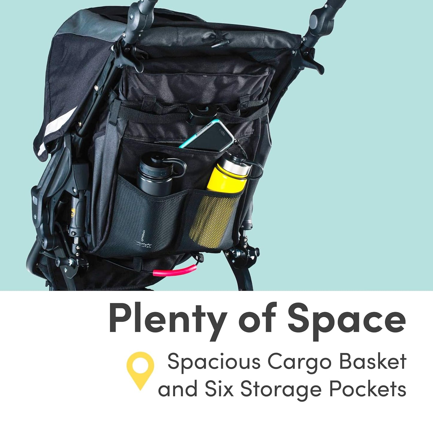 Image displaying a jogging stroller with text about it’s details