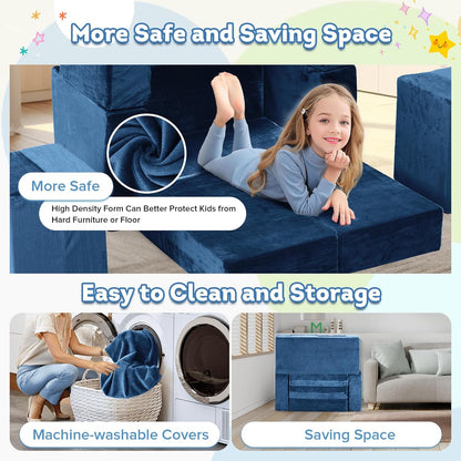 Image displaying a kid playing with a soft modular play furniture and text about it's details