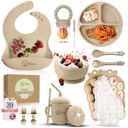 O'doe 15-Piece Silicone Baby Feeding Set with Suction Plate, Bowl, Bib, Sippy Cup and Utensils – BPA-Free Baby Weaning Essentials