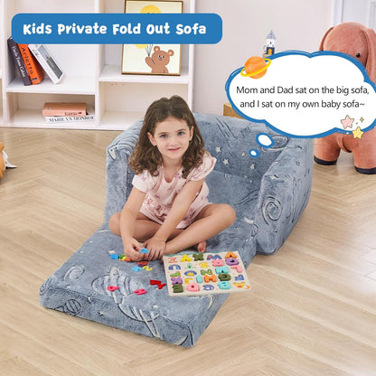 Image displaying a kid playing with a soft modular play furniture and text about it's details
