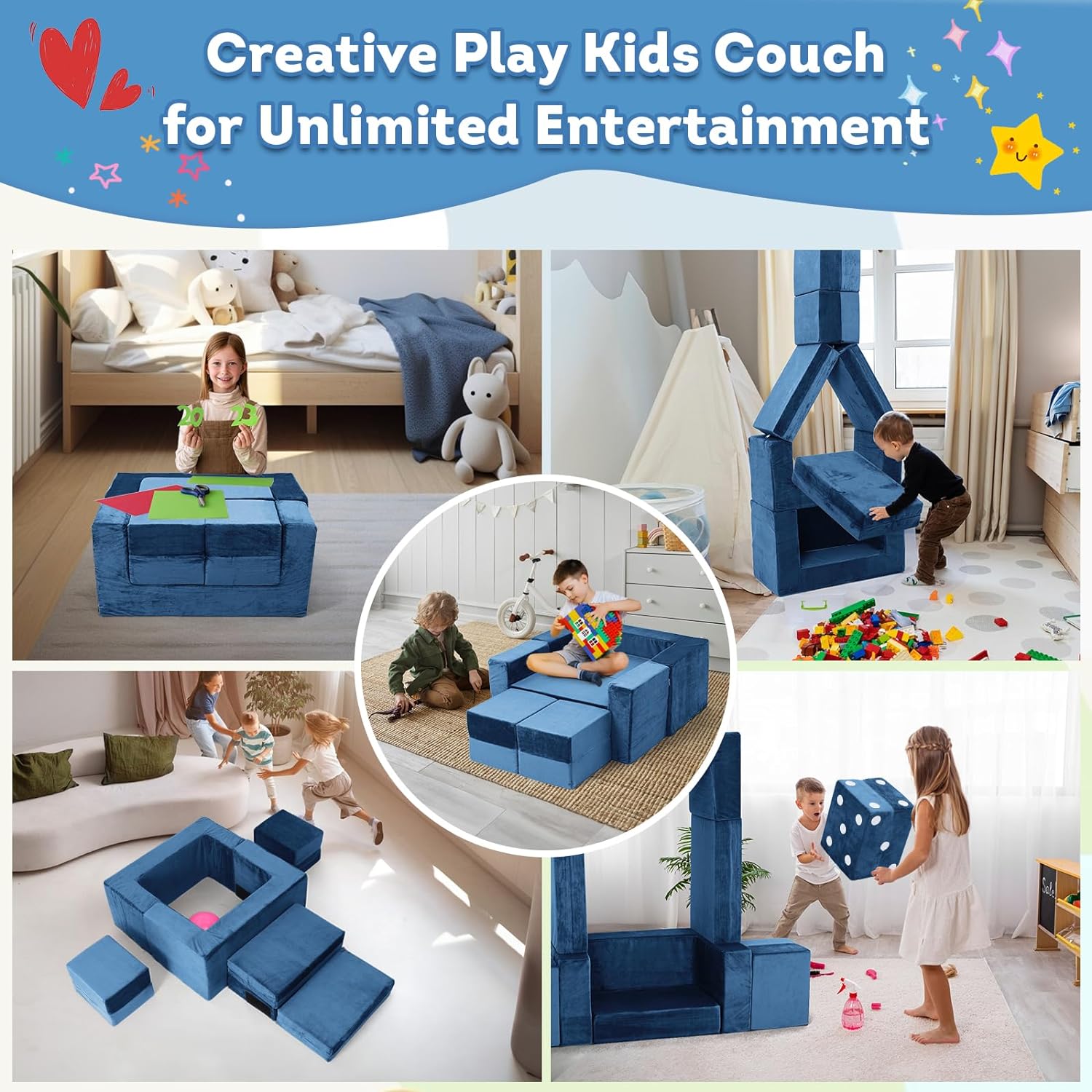 Image displaying a kid playing with a soft modular play furniture and text about it's details