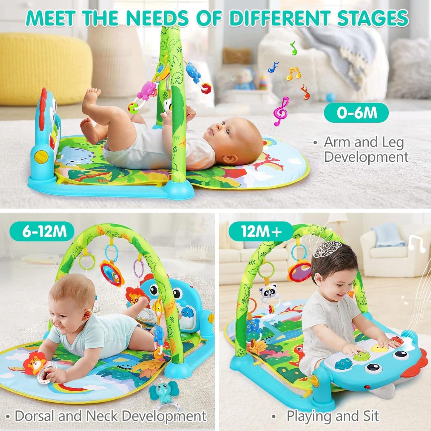 Image displaying a baby with a Baby activity play set and text about it's details