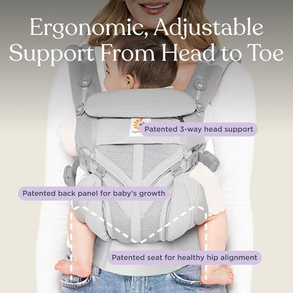 Image displaying a baby in a baby carrier and text about it's details
