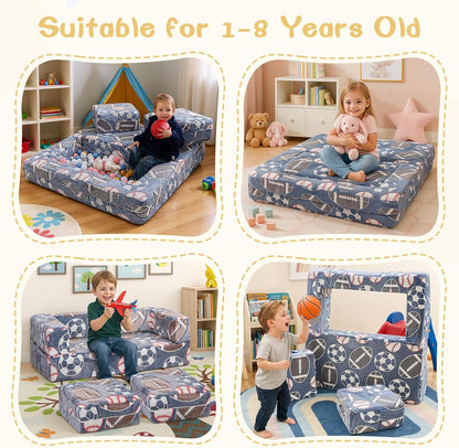 Image displaying a soft modular play furniture and text about it's details