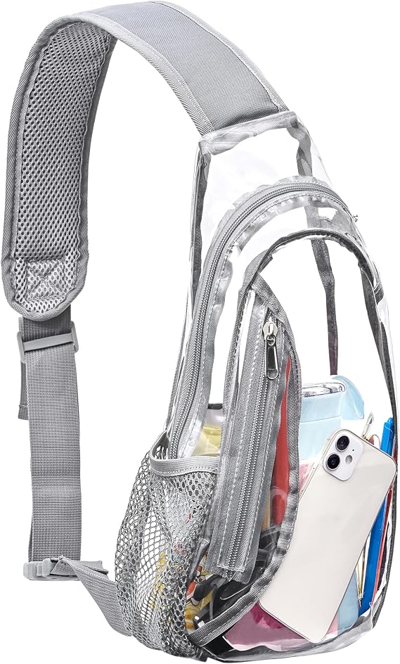 Transparent backpack featuring a fun character-inspired design with a stylish and playful look.