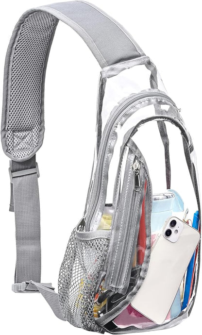 Transparent backpack featuring a fun character-inspired design with a stylish and playful look.