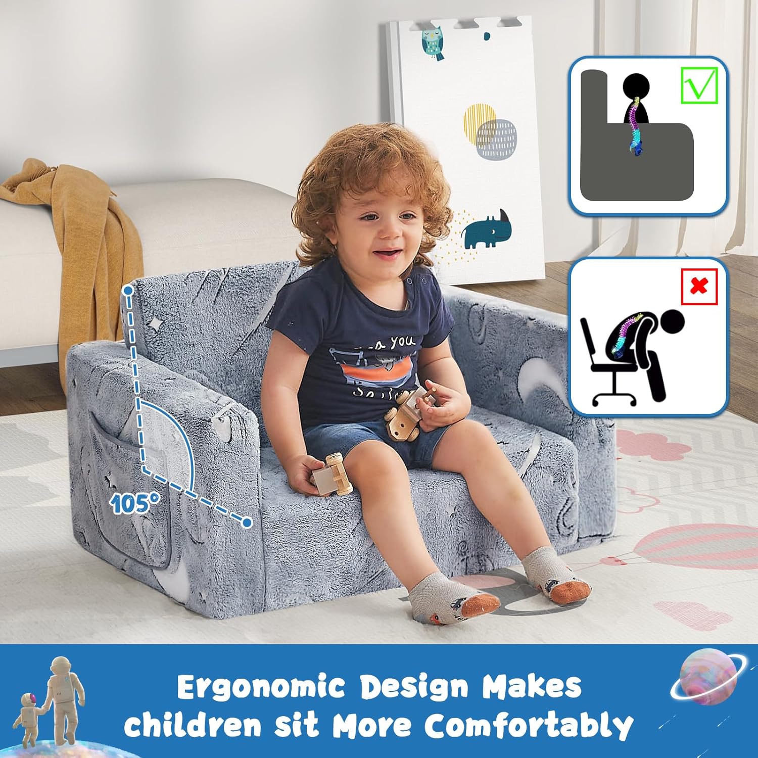 Image displaying a kid playing with a soft modular play furniture and text about it's details
