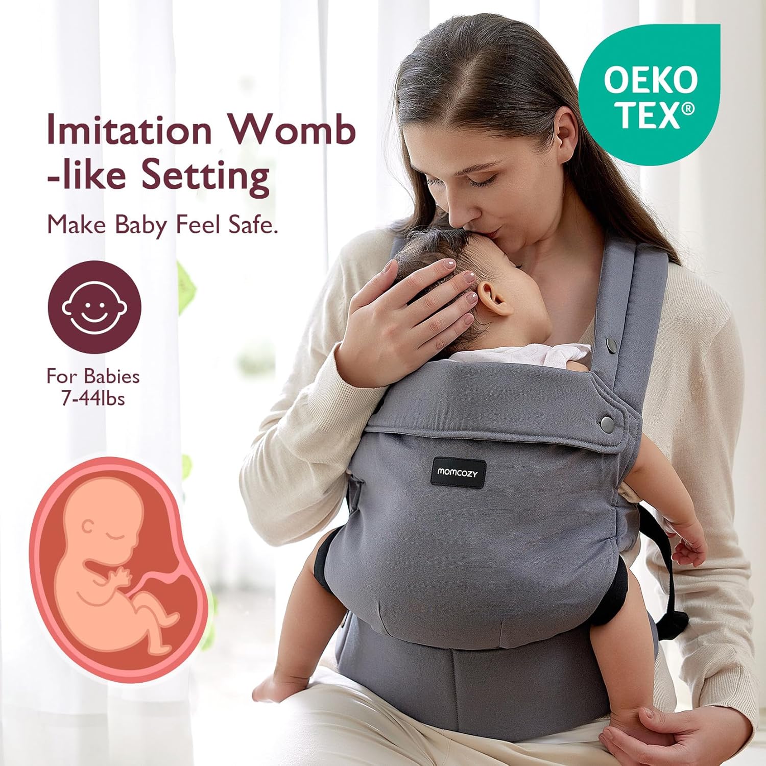Image displaying a baby in a baby carrier and text about it's deetalis 
