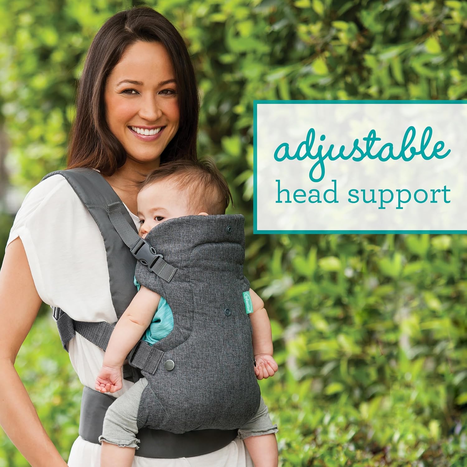 Image displaying a baby in a baby carrier and text about it's deetalis 