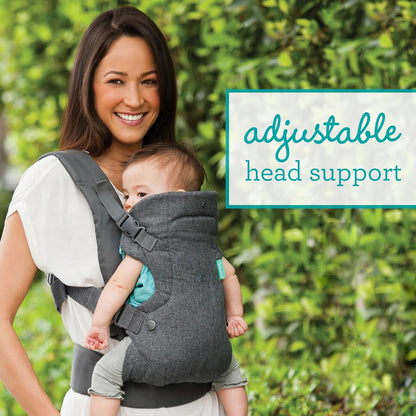 Image displaying a baby in a baby carrier and text about it's deetalis 