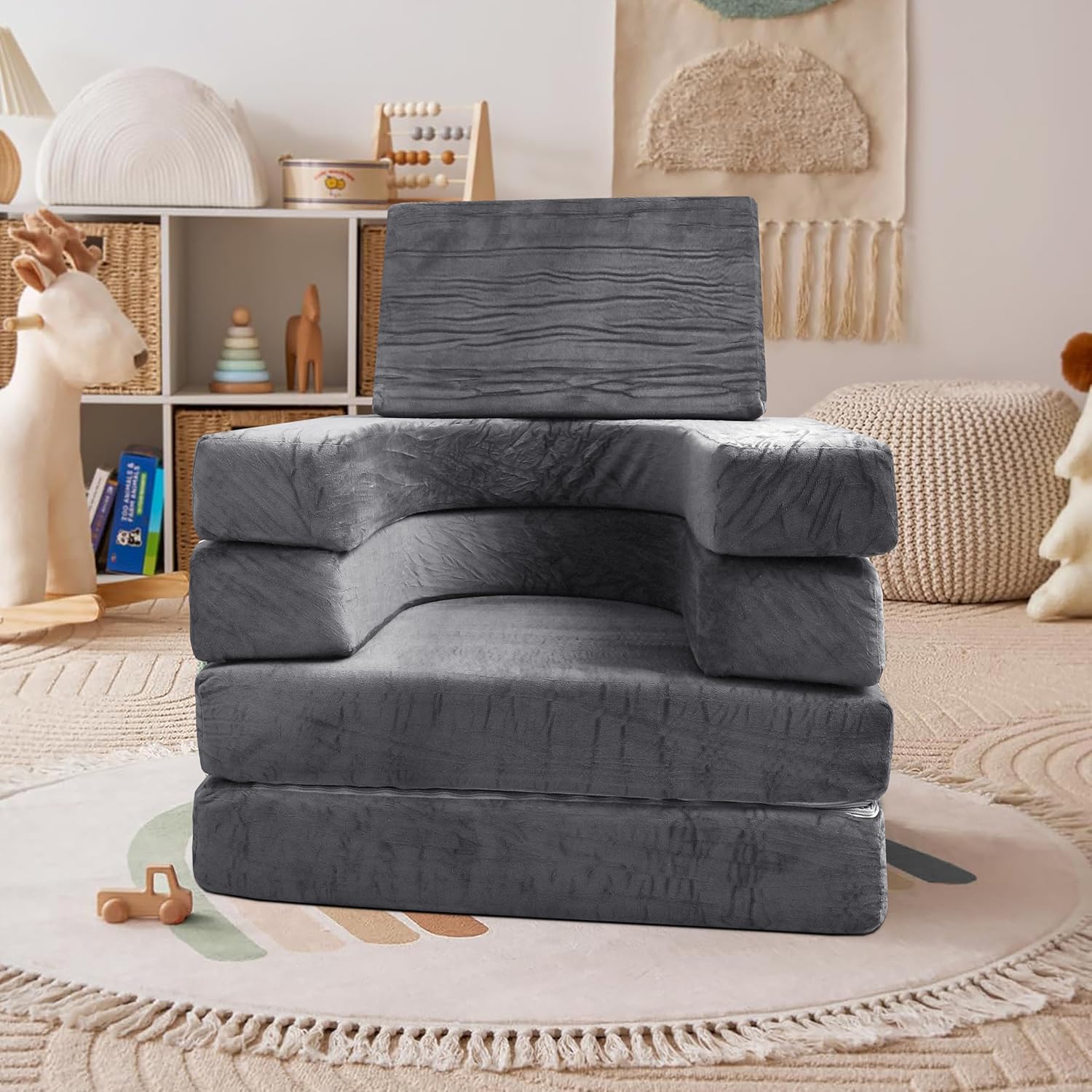 Soft modular play furniture for children, ideal for imaginative play, relaxing, and flexible indoor activities