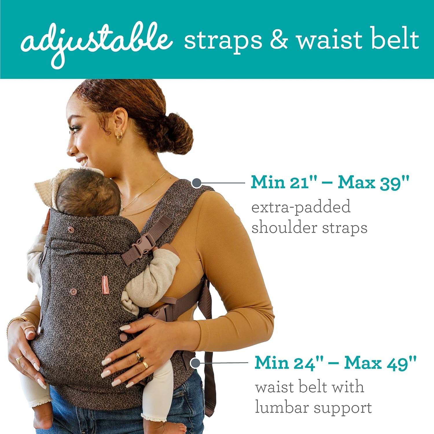 Image displaying a baby in a baby carrier and text about it's deetalis 
