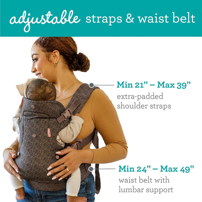 Image displaying a baby in a baby carrier and text about it's deetalis 