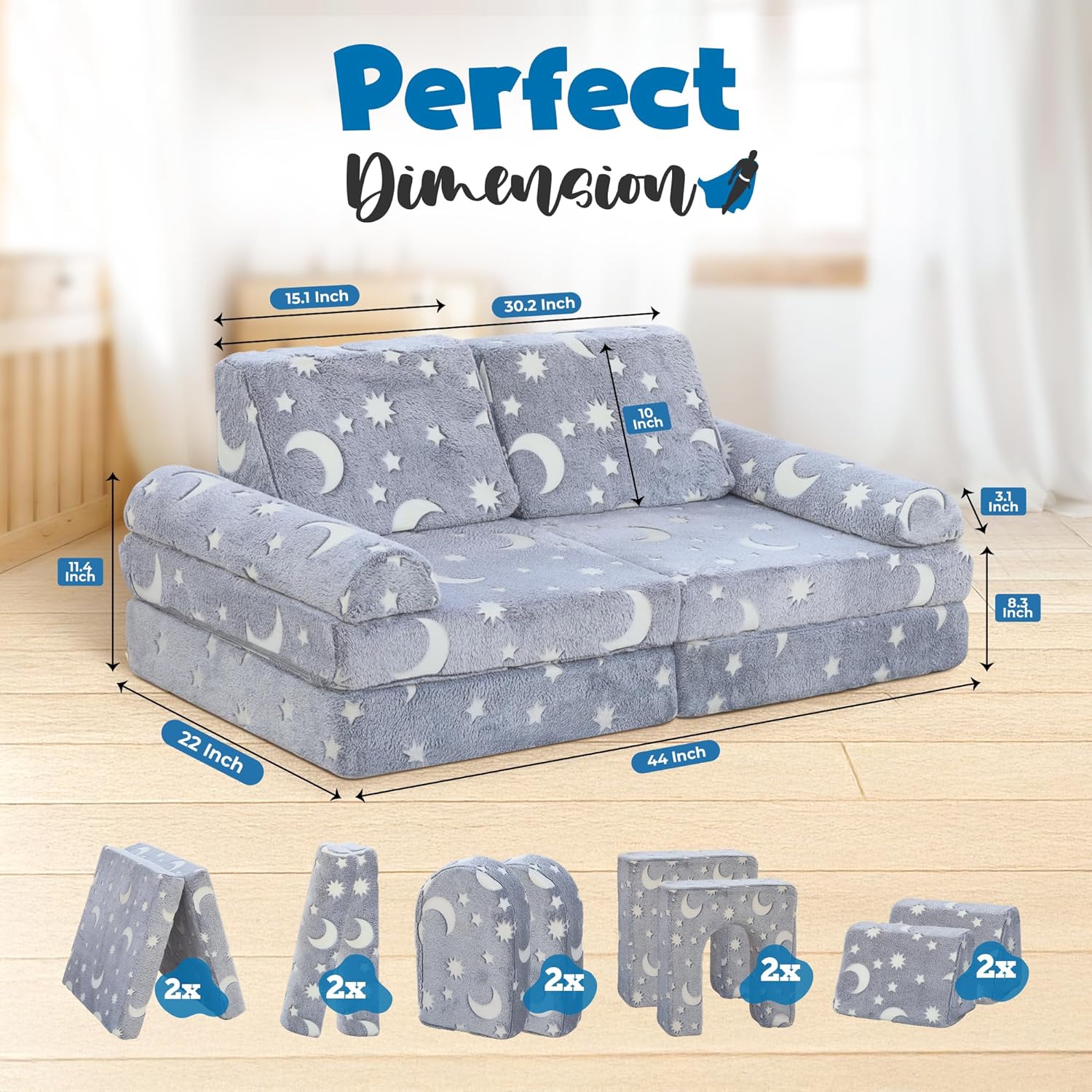 Image displaying a soft modular play furniture and it's dimension