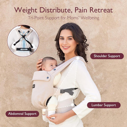 Image displaying a baby in a baby carrier and text about it's deetalis 