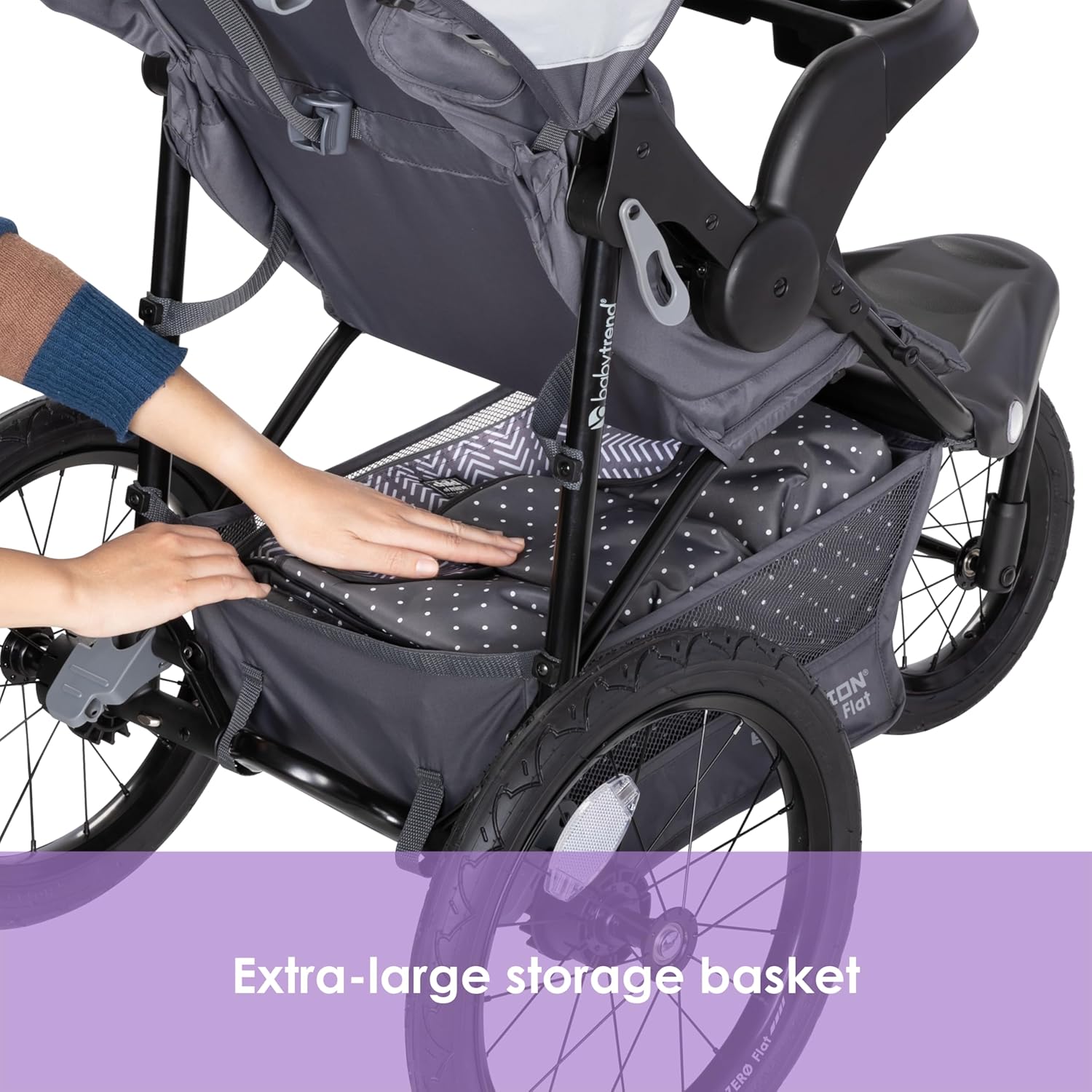 Image displaying a jogging stroller with text about it’s details